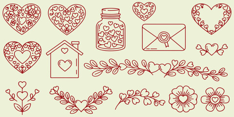 Hand Draw Heart Icons, Collection Of Floral Love And Wedding Symbols For Romance Design Project Management And Decoration Applications

