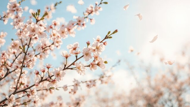 Blossoming cherry tree branches with pink flowers and falling petals during spring. Bright sky and sunlight in the background.