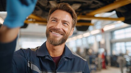 A mechanic in uniform inspects a car on a lift. The scene is in a professional workshop.
