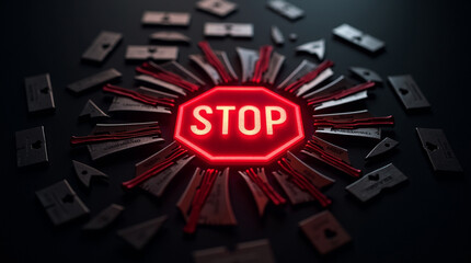 Urgent red STOP sign surrounded by metal pieces, a bold statement against harmful practices, calling for immediate action and change, safety first concept