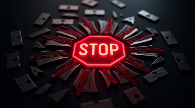 Urgent red STOP sign surrounded by metal pieces, a bold statement against harmful practices, calling for immediate action and change, safety first concept