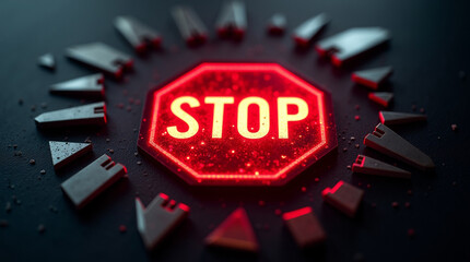 Urgent stop sign glows red surrounded by scattered pieces, signaling halt, caution, and crisis management for business decisions and creative projects