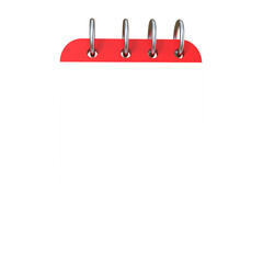Blank red spiral bound calendar page isolated on transparent background,3d ,png