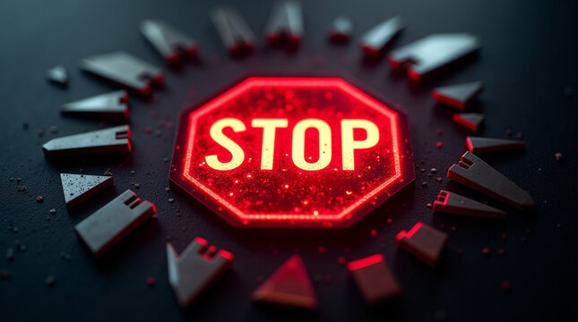 Urgent stop sign glows red surrounded by scattered pieces, signaling halt, caution, and crisis management for business decisions and creative projects - Powered by Adobe