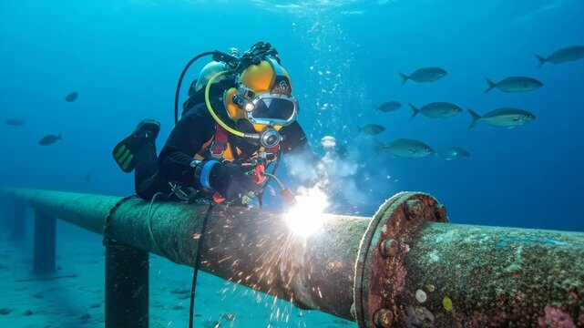 Underwater diver engages in intense welding on submarine pipeline amidst ocean life. exploring the intricacies of marine engineering and oceanic ecosystems.