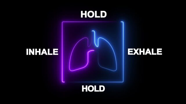 glowing neon 1 minute animation of a box breathing exercise guide with lungs icon and inhale-hold-exhale cycle .useful for meditation, relaxation and mindfulness.4k motion video animation.