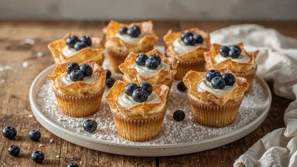 Freshly baked blueberry cupcakes topped with cream and blueberries on a white plate, dusted with powdered sugar.