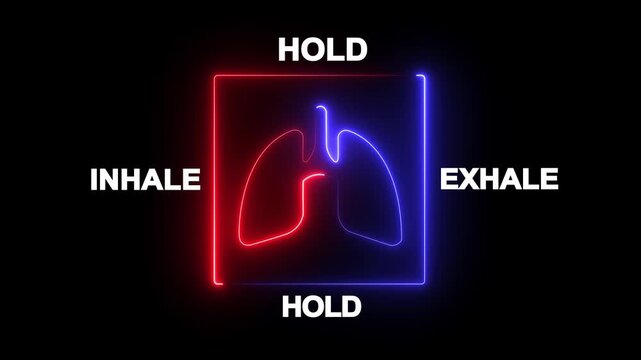 glowing neon 1 minute animation of a box breathing exercise guide with lungs icon and inhale-hold-exhale cycle .useful for meditation, relaxation and mindfulness.4k motion video animation.