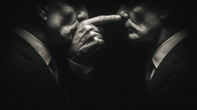 Man in suit covers his chest with weathered hands, a gesture of defensiveness or guilt, perhaps contemplating misconduct in a dark, low-key setting - Powered by Adobe