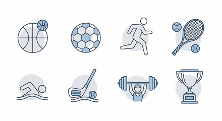 Set of sports icons with various athletic activities and equipment.