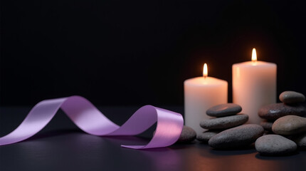 Soft candlelight with calming stones and lavender ribbon evokes peace and relaxation, ideal for spa, wellness, and gentle self care concepts and designs