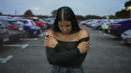 Woman with bare shoulders crosses her arms and hugs herself on a dimly lit street parking lot under...