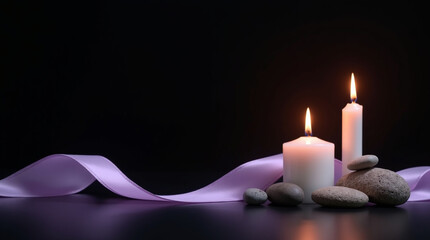 Serene glowing candles with smooth stones and lilac ribbon create a calming atmosphere, perfect for meditation, spa promotions, or heartfelt sympathy messages