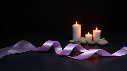 Elegant candles with lilac ribbon create a serene, calming spa atmosphere perfect for wellness promotions, spiritual retreats, or luxurious relaxation marketing campaigns