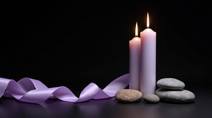 Serene lavender candles glowing softly with smooth stones and delicate ribbon, perfect for meditation, spa retreats, or soothing wellness promotions