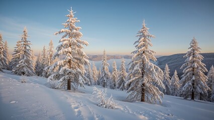 Fototapeta premium Snow-covered trees in a winter landscape with snow on the ground and distant mountains.