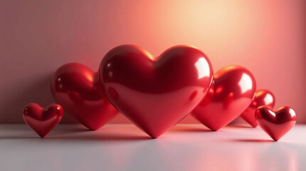 Lovely red hearts convey affection and romance for Valentine's Day, anniversary celebrations, or heartfelt greeting cards with a modern aesthetic and warm, glowing light