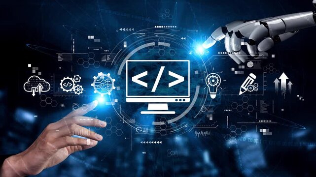 Modern web development concept featuring coding symbols, web development process, web development interface, and web development tools with futuristic design. Muxer