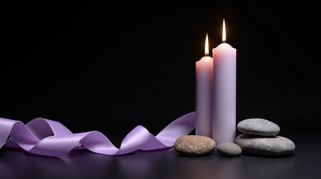 Serene lavender candles glowing softly with smooth stones and delicate ribbon, perfect for meditation, spa retreats, or soothing wellness promotions - Powered by Adobe