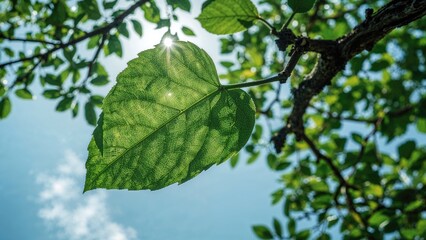 A leaf on a tree branch with sunlight shining through, surrounded by green foliage and a bright blue sky.