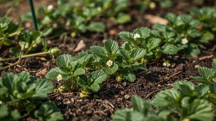 Obraz premium Strawberry plants with white flowers growing in soil.