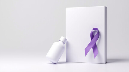 Show your support with this purple awareness ribbon next to a medicine bottle and box against a bright backdrop conveying hope and solidarity for a cause