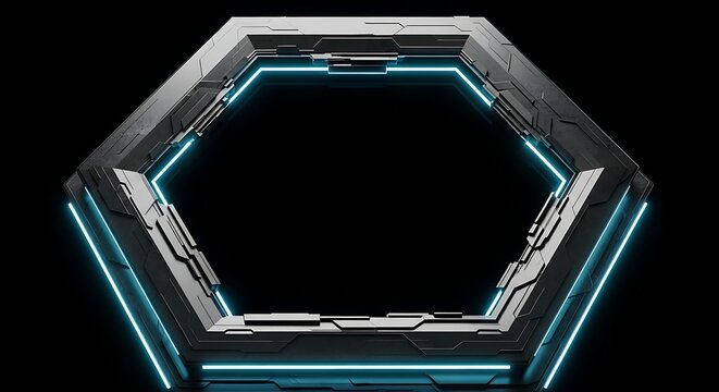 Futuristic hexagonal portal with neon blue lighting on black background, sci-fi portal frame