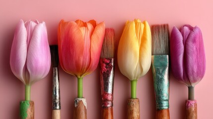 Creative spring concept shows tulip flowers acting as bristles on paint brushes on a pastel pink background, minimalist nature flat lay