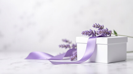 Elegant gift box with lavender and ribbon, perfect for spa promotions and serene greetings, conveying tranquility and natural beauty for your heartfelt message