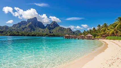 Tropical beach with clear turquoise water, mountains in the background, and overwater bavilions, lush palm trees, bright blue sky with white clouds, and white sandy shoreline.