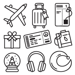Black and white line art icons of travel and holiday objects airplane luggage