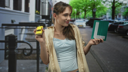 Young woman holds yellow toy car and green learner l plate while smiling on a city street; learner pride.