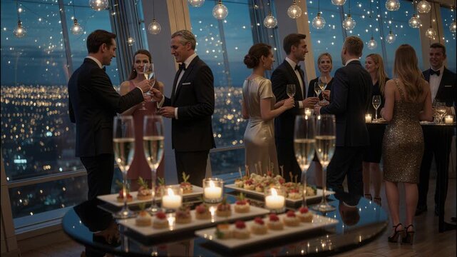 Stylish rooftop gathering with delicious treats and sparkling conversation at sunset