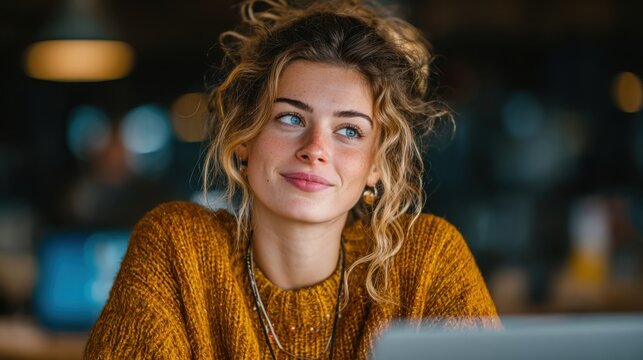 Young blonde woman leads online class or webinar from office desk, engaging with students during virtual lesson