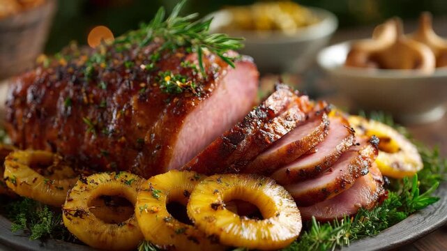 Delicious glazed ham with pineapple rings, perfect for a holiday feast