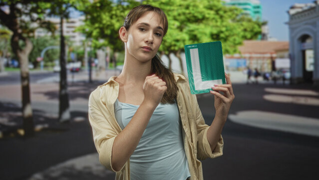 Woman holding green learner sign with right hand and slight smile on city street near trees and buildings; pride achievement.