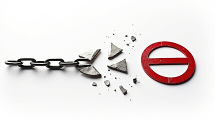Break free from restrictions with this powerful image of a broken chain next to a red prohibition sign, symbolizing freedom, liberation, and overcoming obstacles