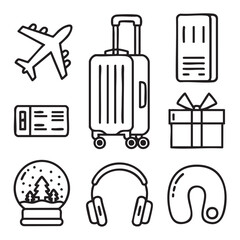 Collection of travel and leisure icons including airplane suitcase ticket gift snow globe headphones and neck pillow