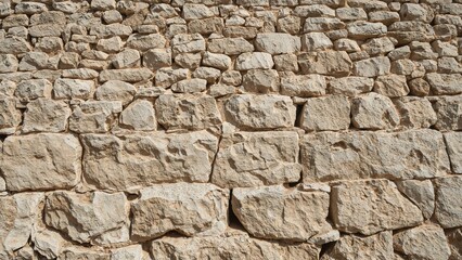 Fototapeta premium A close-up view of a wall built with irregularly shaped beige stones stacked together.