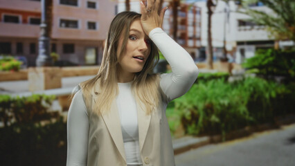 Fototapeta premium Woman outdoors in park gesturing remembering with hand on forehead looking thoughtful surrounded by urban buildings showing realization or recollection in casual attire