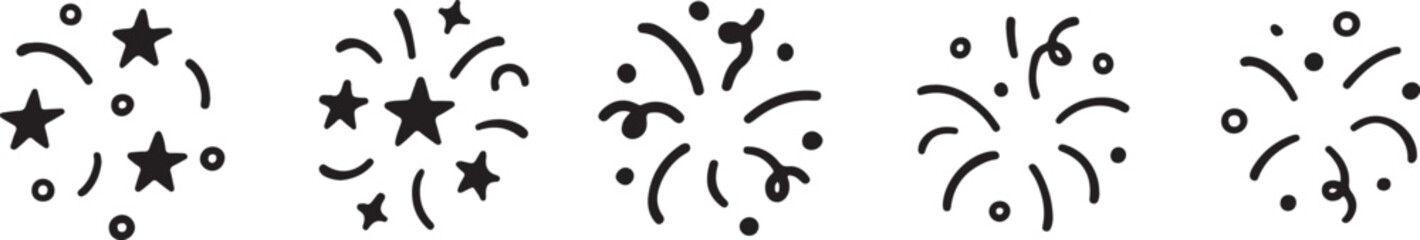 Cute line doodle firework and confetti set. Happy birthday, anniversary New year, xmas, purim, Diwali celebration. Burst, glitter, bling sketch scribble vector icon black and white