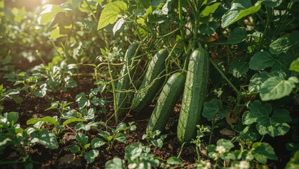 Obraz premium Cucumbers growing among green leaves and vines in a garden with sunlight filtering through. Vegetables and plant growth. The concept of gardening and agriculture.