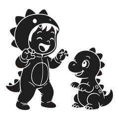Child In Dinosaur Costume With A Baby Dinosaur Silhouette