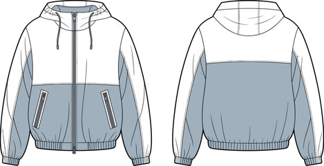 Color Block Windbreaker Bomber Jacket with Hood Technical Flat Sketch Vector Template for Men, Women, and Unisex Streetwear Apparel CAD © Ashik Creatives