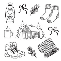 Hand drawn winter cabin scene with boots socks lantern and scarf house snow