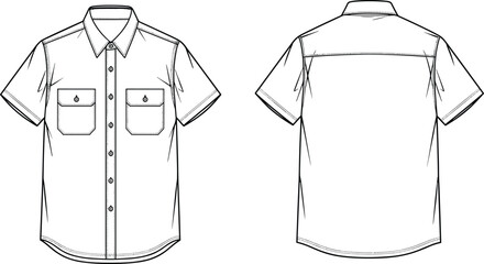 Men's short sleeve button down shirt vector illustration, technical fashion flat sketch, front and back view, workwear design template © Ashik Creatives