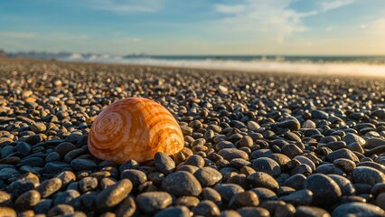A seashell on a pebble beach with the ocean and sky in the background.