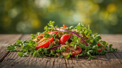 Fresh mixed salad with tomatoes, red onions, and greens on a wooden table. Healthy food and vegetarian dish. Crisp vegetables and natural ingredients.