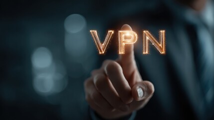 Virtual private network concept illustrates Businessman activating secure VPN connection for privacy and data protection