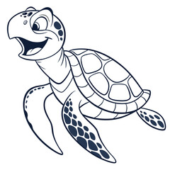 Joyful Cartoon Sea Turtle Outline Isolated on White Background